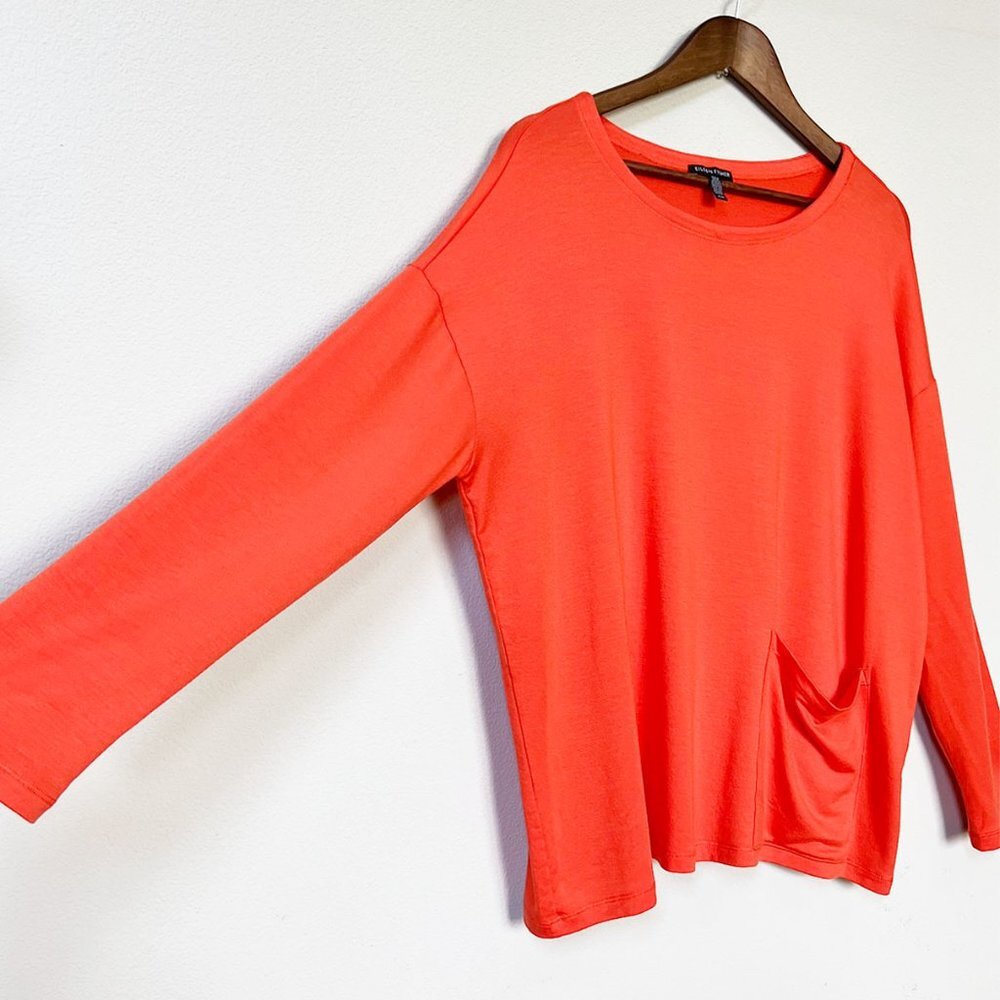Eileen Fisher Tencel Stretch Terry Patch Pocket Long Sleeve Top Hot Red Orange M - Picture 9 of 15